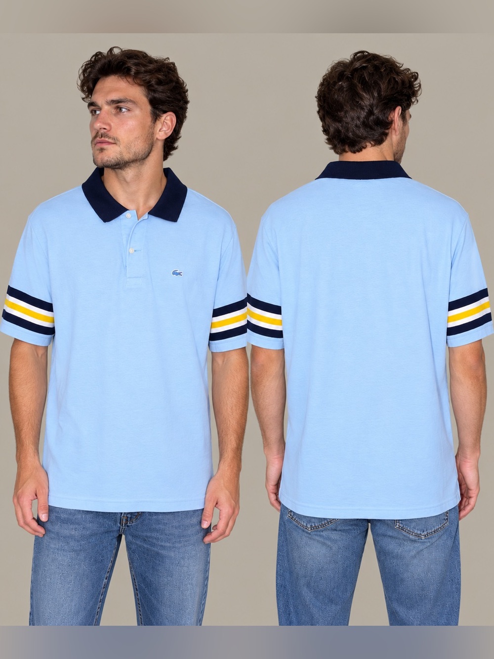 Vintage Lacoste Light Blue Polo Shirt Striped Sleeves Navy Collar Fr 6 XL